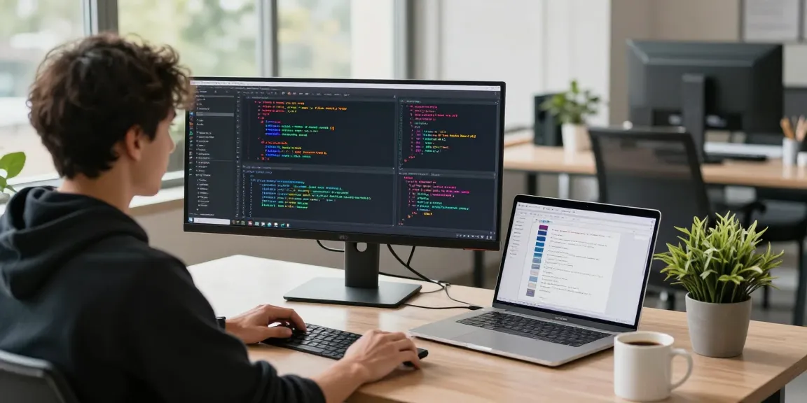 Developer menggunakan 68gb di ruang kerja modern dengan komputer dan kopi