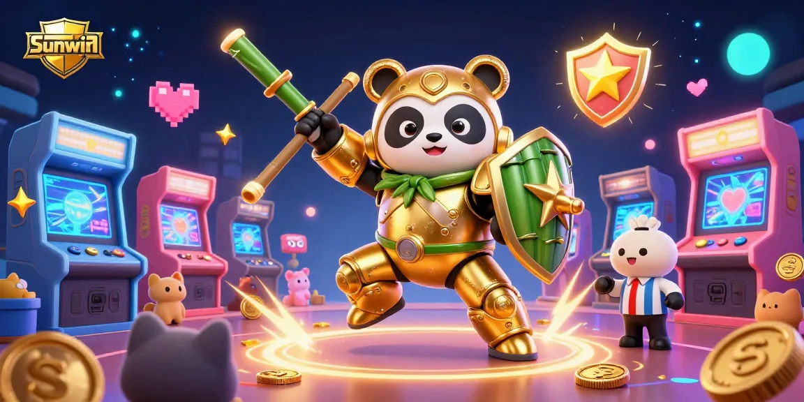 Experience thrilling casino action with Sunwin in a vibrant 3D arcade featuring a mech-suit golden panda.