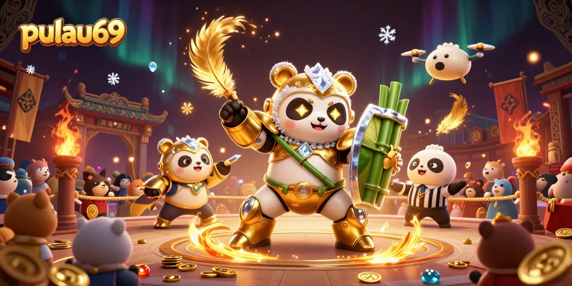 Experience the excitement of pulau69 with a golden panda in a mech-suit amidst vibrant casino elements.