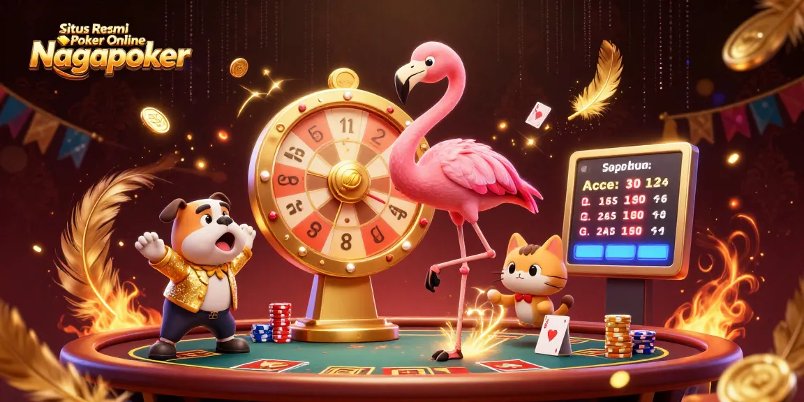 Situs Resmi Poker Online Nagapoker showcases an excited bulldog and flamingo game show host in an animated poker scene.