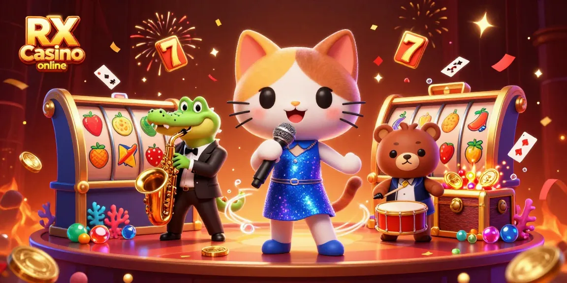 Join the excitement at RX Casino online with a vibrant 3D illustration showcasing thrilling slot games and lively characters.