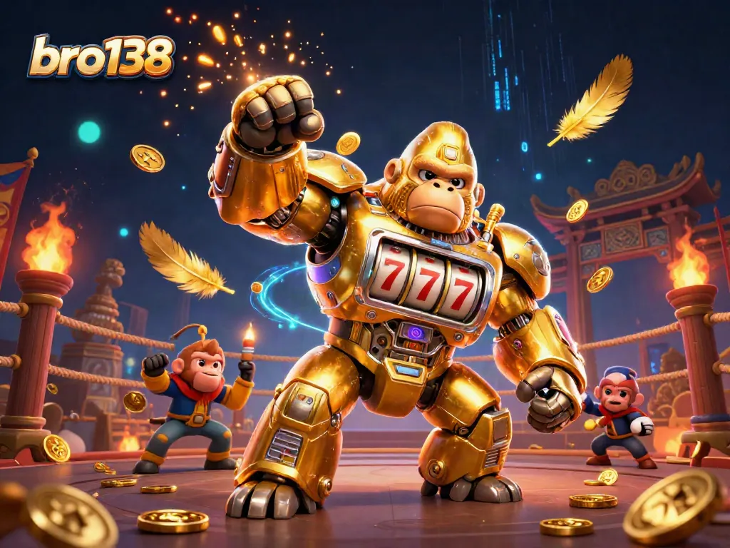 Experience gaming thrills with bro138 as the golden gorilla mech unleashes jackpot wins amid swirling coins and excitement.