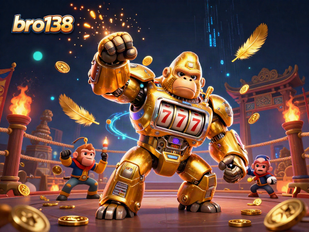 Experience gaming thrills with bro138 as the golden gorilla mech unleashes jackpot wins amid swirling coins and excitement.
