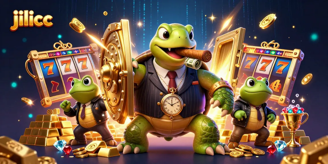 Experience thrilling fun at jilicc with a vibrant casino scene featuring a turtle mobster, gold riches, and slot reels.