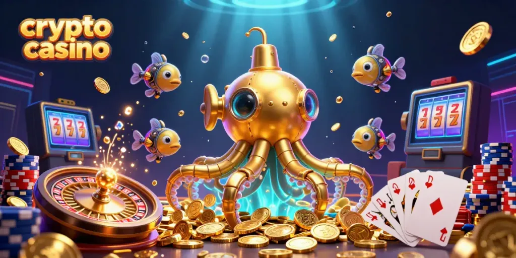 Engage in thrilling games at the crypto casino with a vibrant underwater scene filled with animations of coins, cards, and vibrant colors.