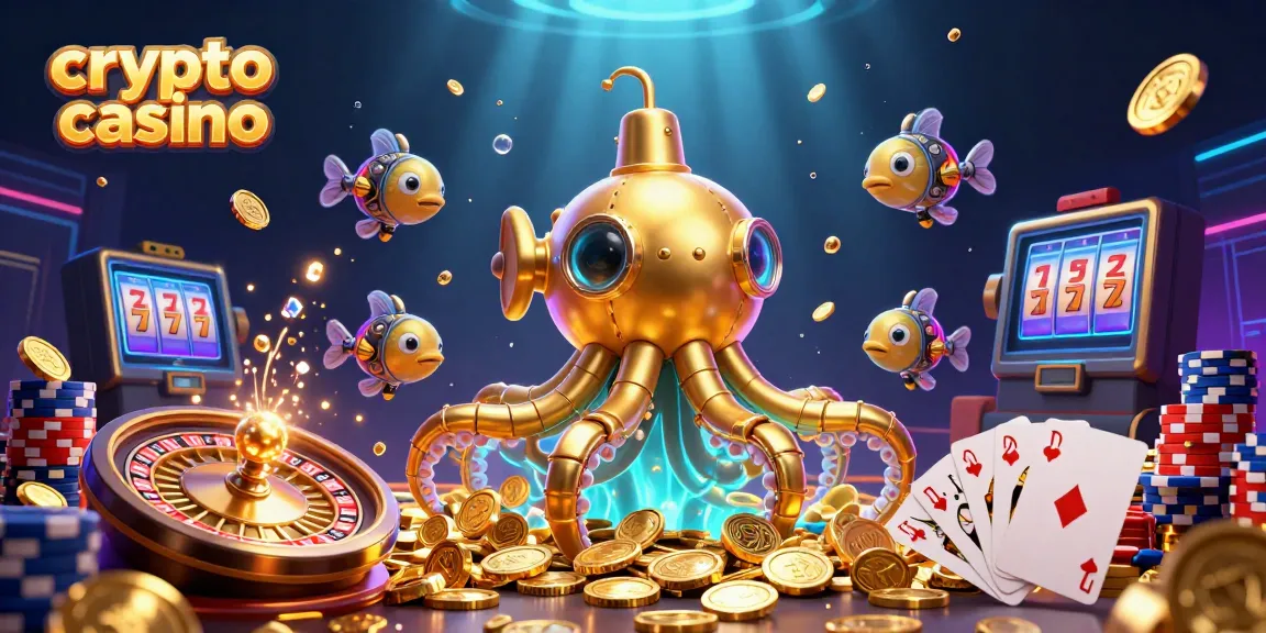Engage in thrilling games at the crypto casino with a vibrant underwater scene filled with animations of coins, cards, and vibrant colors.
