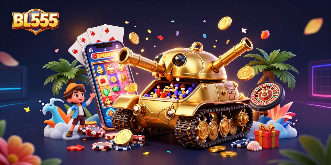 Play exciting slots and win at BL555 with the colorful casino scene featuring golden beetle tank.