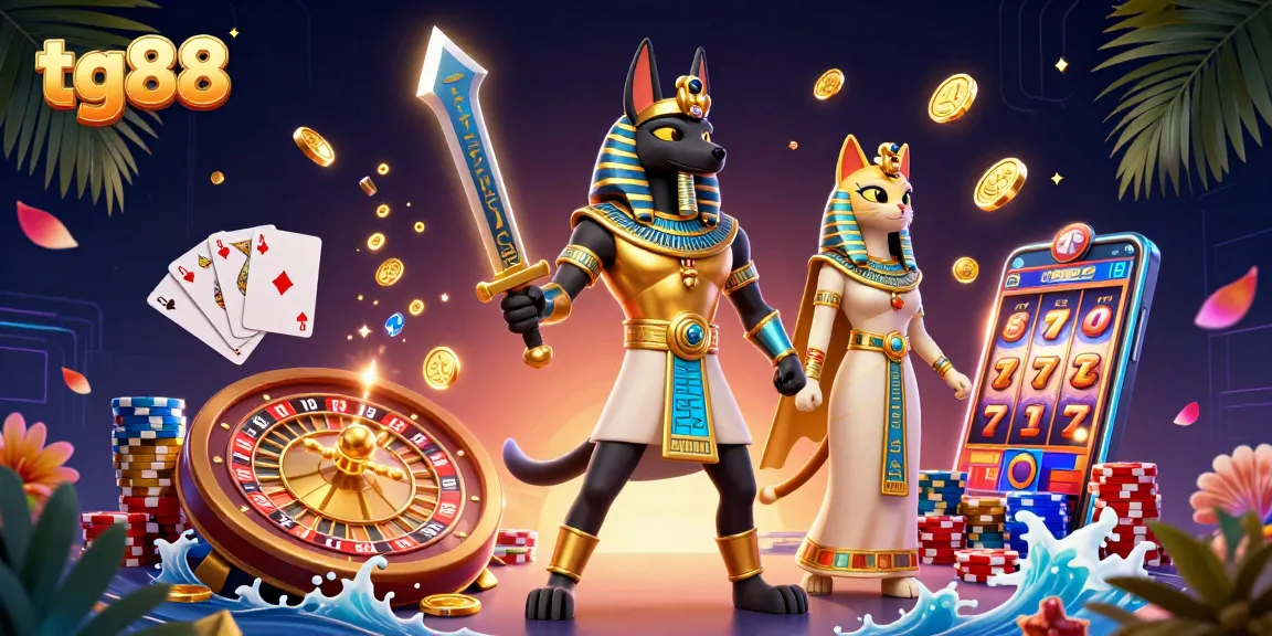 Experience thrilling games with tg88, featuring captivating ancient Egyptian characters and vibrant casino elements.