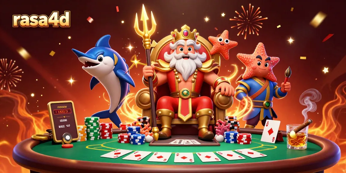 Menghadirkan rasa4d, Raja Laut yang duduk di tahta, dikelilingi poker dan kejuaraan di kasino yang meriah.