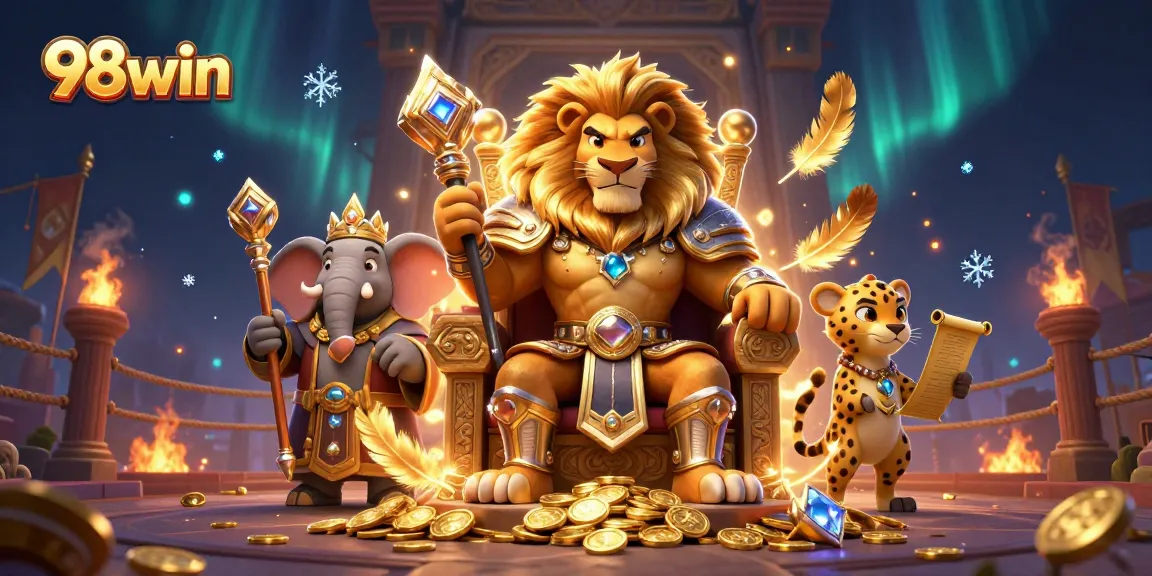 Experience the thrilling world of 98win with a majestic lion king and vibrant casino elements.