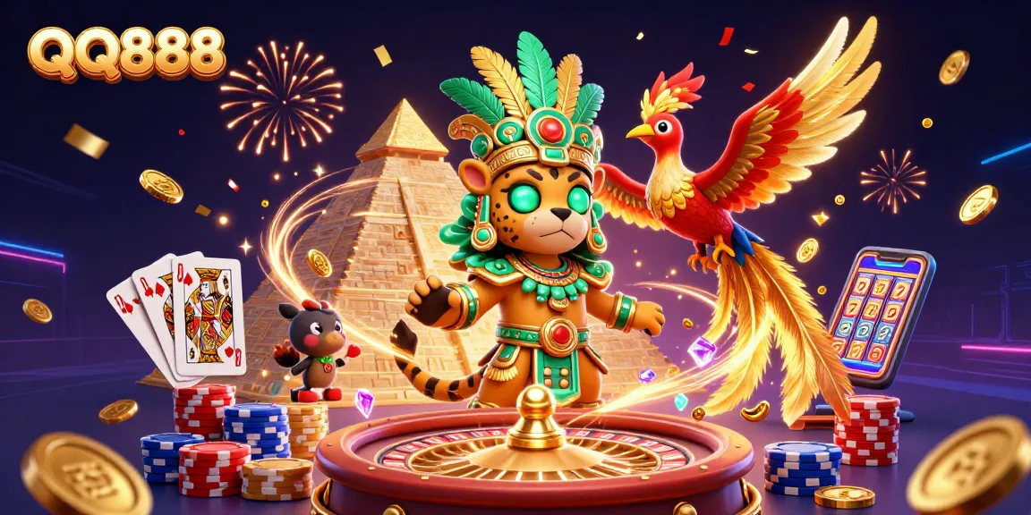 Experience thrilling games at QQ888 while winning, surrounded by vibrant casino elements.