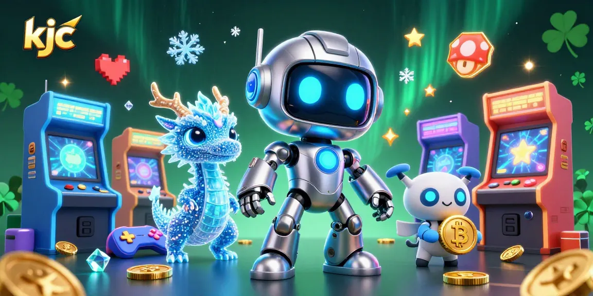 KJC enhances your gaming adventure with a vibrant 3D casino scene featuring futuristic robots and exciting game elements.