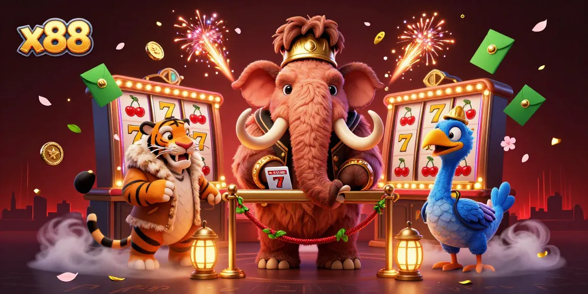 x88 engages players with a vibrant casino scene featuring characters like a woolly mammoth and saber-tooth tiger.