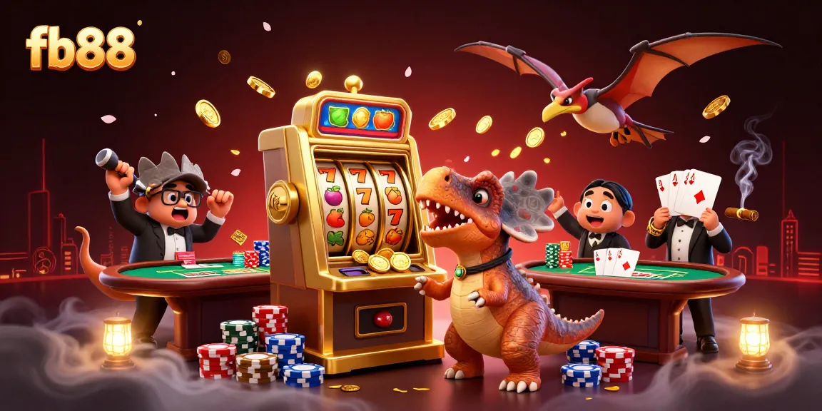 FB88 game scene with a dinosaur hitting a slot machine, creating a jackpot frenzy