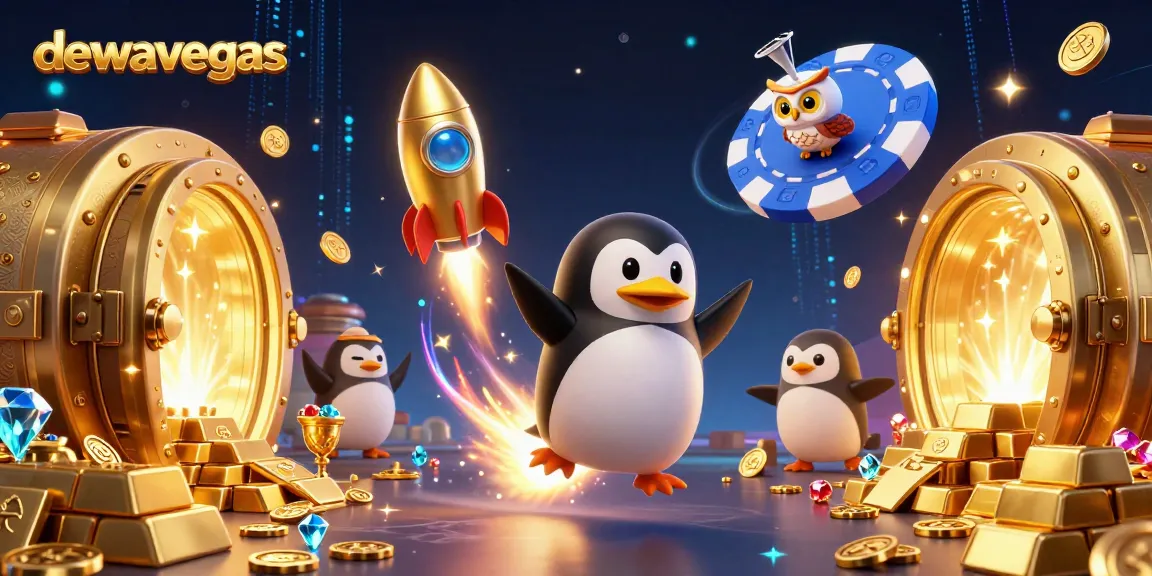 Experience thrilling baccarat gameplay with DEWAVEGAS's golden penguin in a vibrant casino-themed scene.
