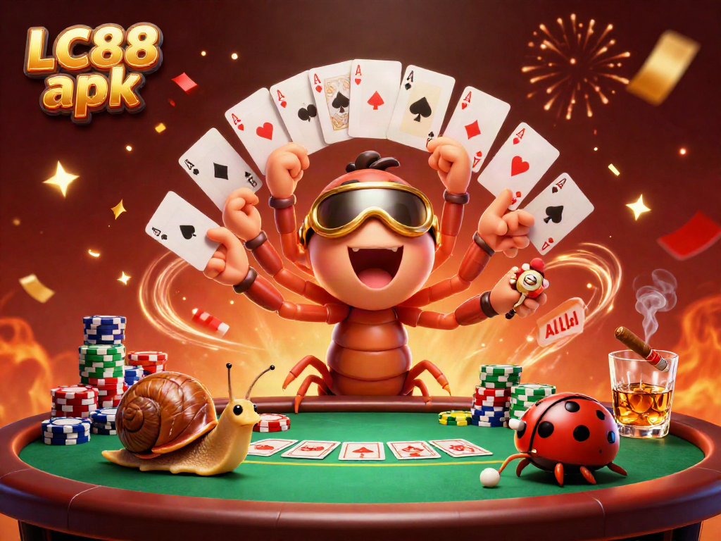 Engage with thrilling LC88 apk gaming as fun characters animate a vibrant casino scene.
