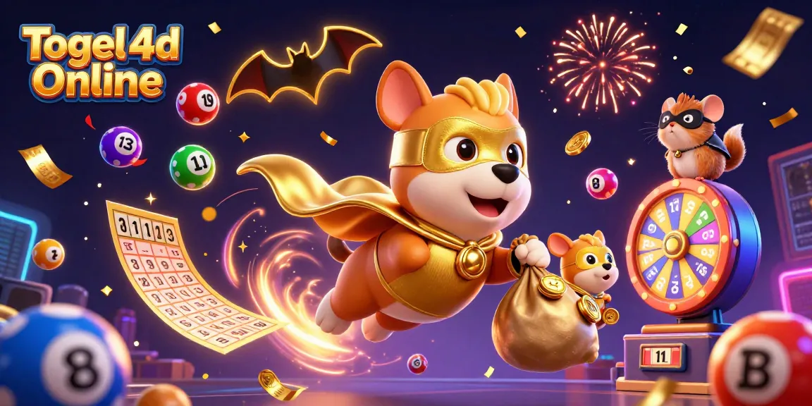 Engage in Togel 4d Online with a vibrant scene featuring a superhero dog, lottery elements, and winning themes.