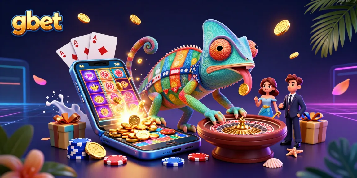 Experience the excitement of gbet with a vibrant casino scene featuring a colorful chameleon owner.