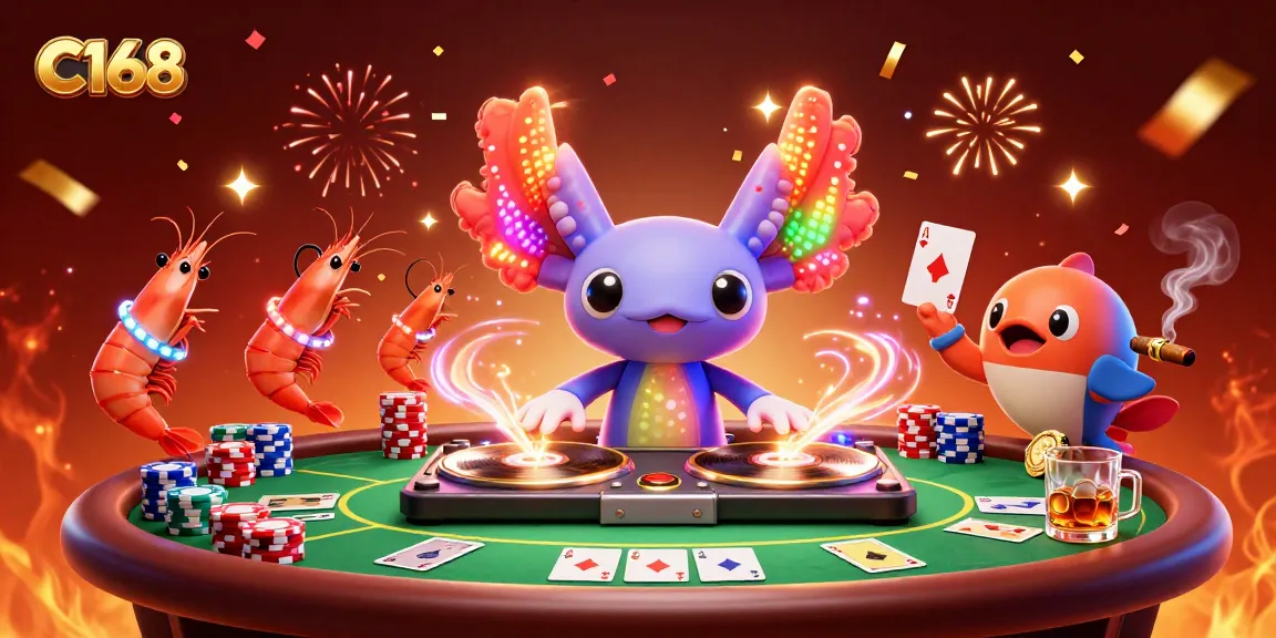 Experience C168 with vibrant casino atmosphere featuring a neon DJ and poker elements.