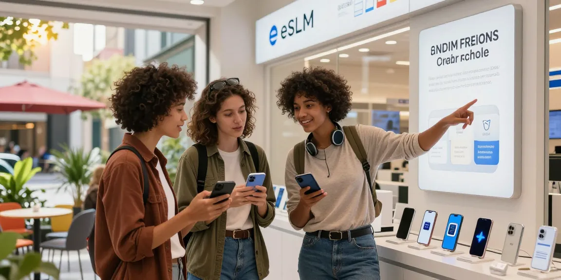 Friends exploring second number eSIM options at a telecom store.