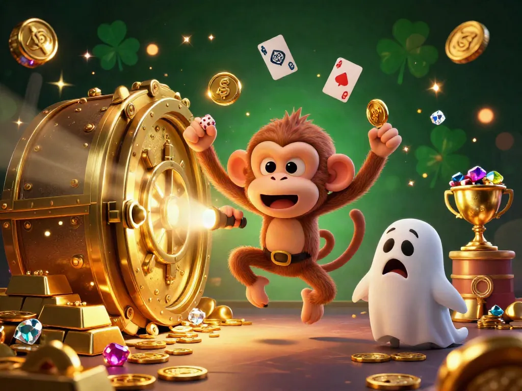 Permainan slot PESGSLOT dengan karakter poltergeist dan anjing penuntun yang mengejar harta dalam suasana kasino menyeramkan.