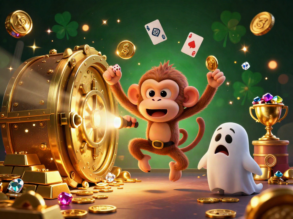 Permainan slot PESGSLOT dengan karakter poltergeist dan anjing penuntun yang mengejar harta dalam suasana kasino menyeramkan.