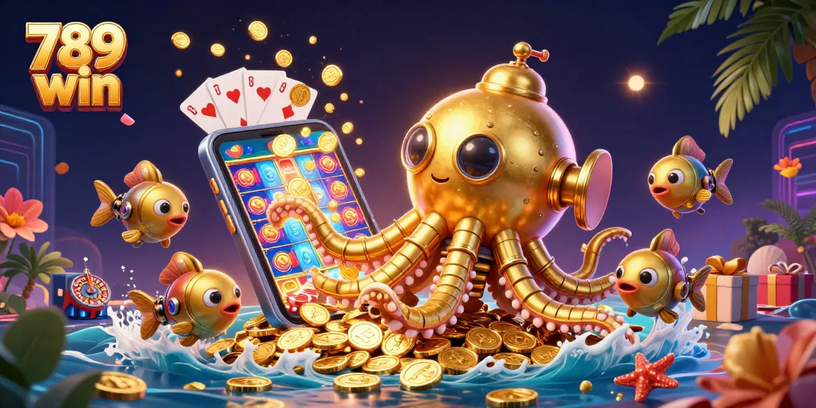 Win big with 789 win! 3D kraken submarine amidst golden coins showcases dynamic gaming elements.