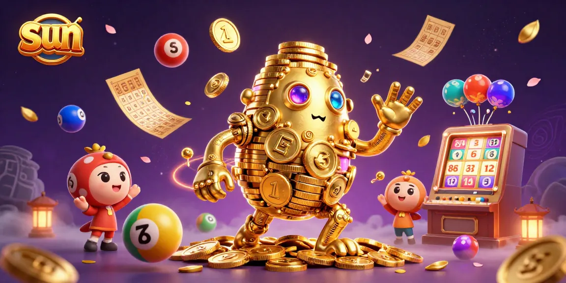 Experience the thrilling world of gambling with sun-inspired golden golem surrounded by vibrant lottery elements.
