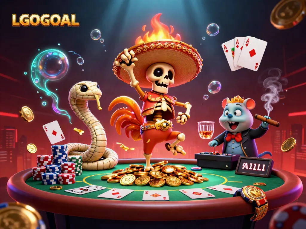Unleash thrilling wins with LGOGOAL at an exciting poker scene featuring animated characters.