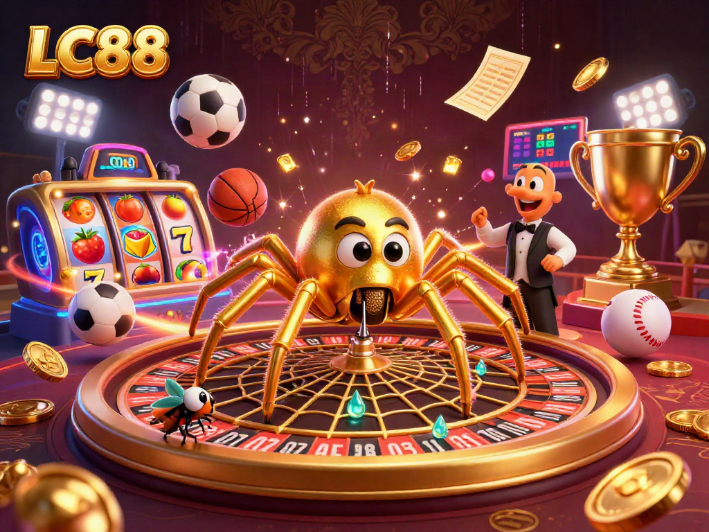 Engage with LC88's vibrant casino world featuring a golden spider and a nervous fly betting.