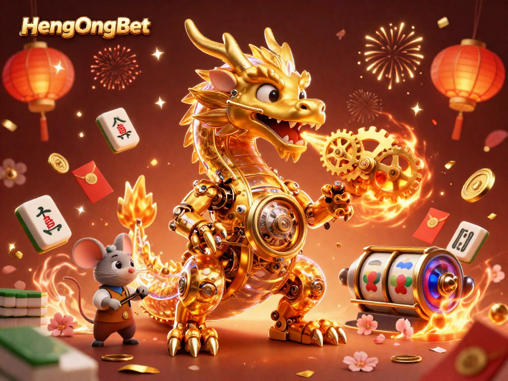 Engage with HengOngBet's golden dragon as it unleashes gears in a vibrant casino scene.