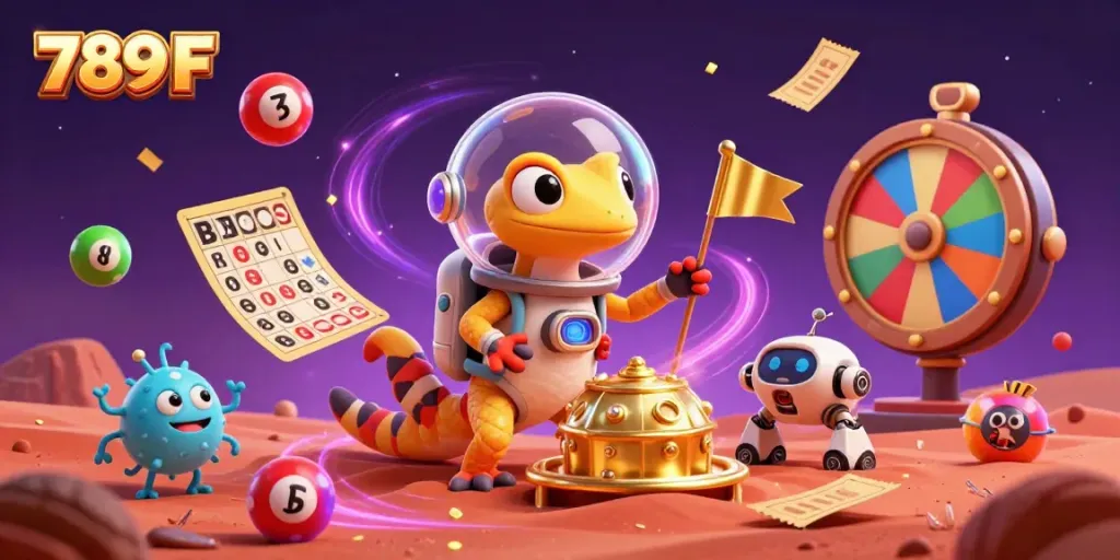 Experience the excitement of 789 F's casino through a lively 3D Martian scene with vibrant games and cheerful characters.