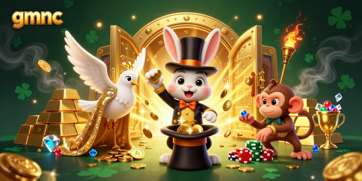 Experience gmnc's magic in a vibrant casino with a rabbit pulling coins, a dove, and monkey thieves.