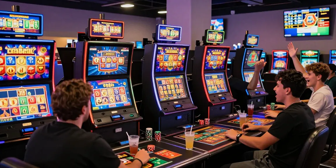Pemain slot bersemangat di kasino online, menunjukkan berbagai mesin slot interaktif dan suasana lounge modern yang ceria.