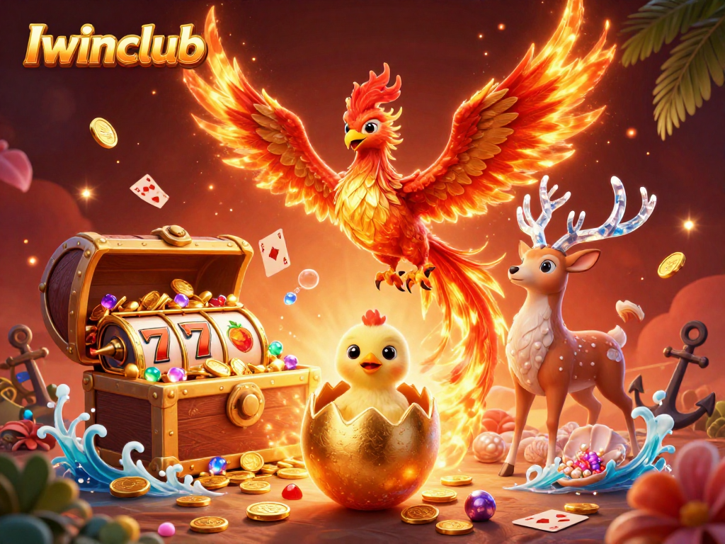 Iwinclub presents an engaging gaming scene with a fire phoenix, baby phoenix, and mystical stag among slot elements.