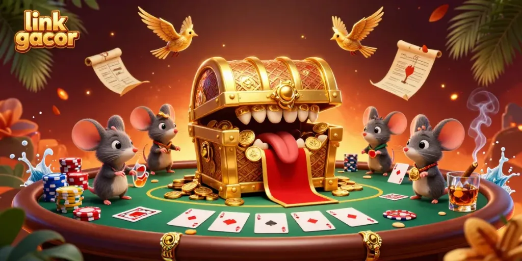Engaging scene depicting link gacor with a playful golden treasure chest mimicking adventure, surrounded by dynamic poker elements.