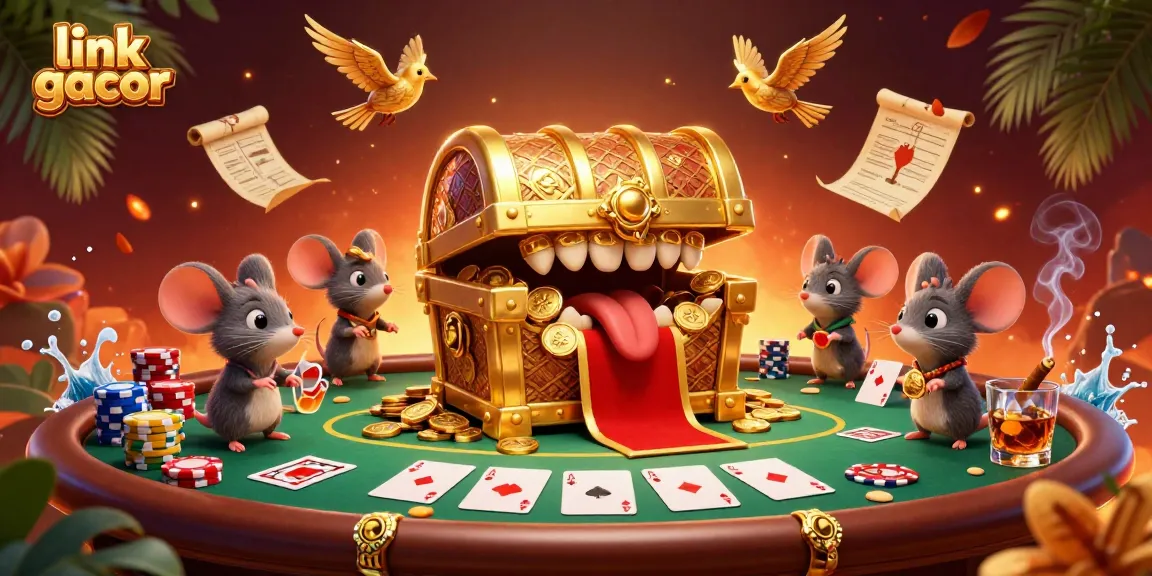 Engaging scene depicting link gacor with a playful golden treasure chest mimicking adventure, surrounded by dynamic poker elements.
