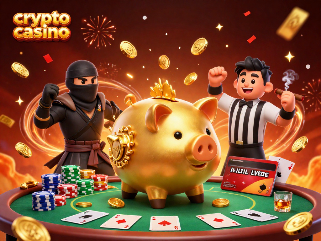 Experience the vibrant actions of a crypto casino with our lively 3D illustration featuring dynamic characters.