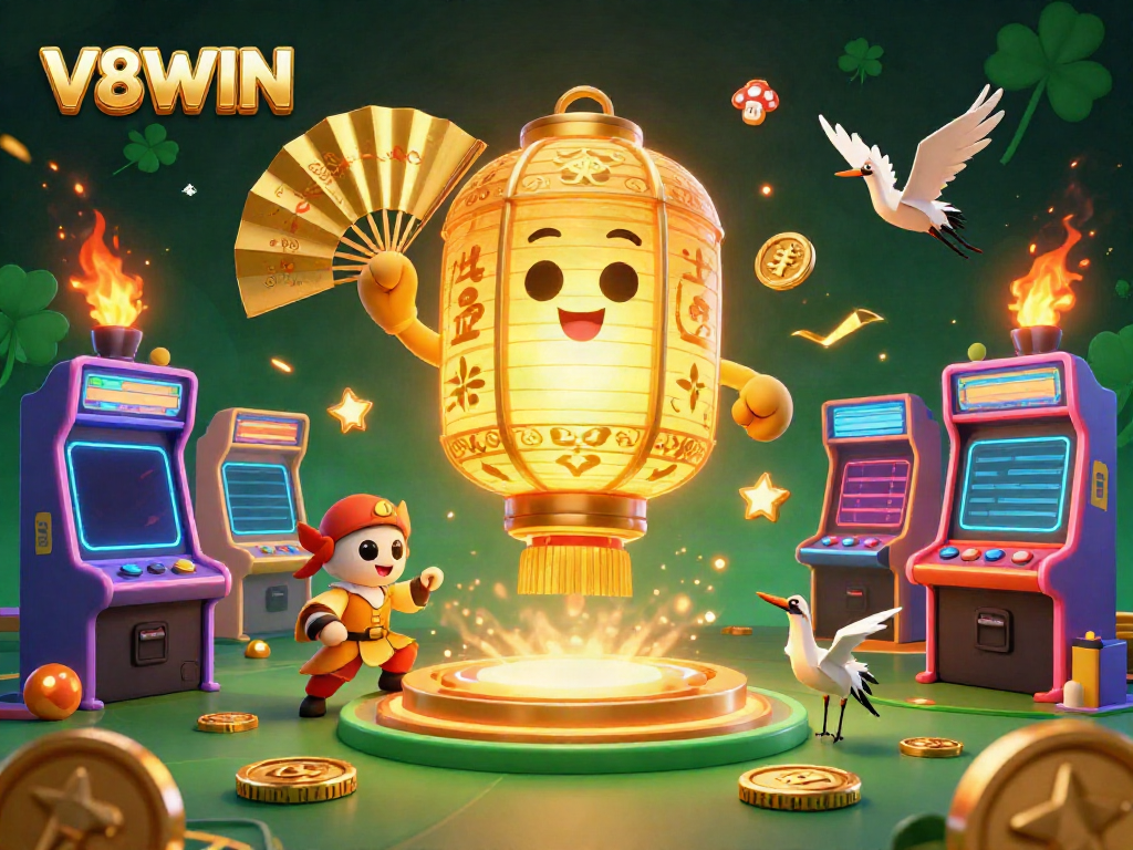 Experience V8WIN in a lively casino scene with golden lanterns, arcade machines, and lucky symbols.