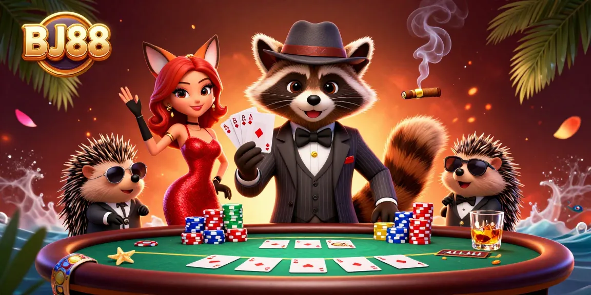 Experience thrilling gaming at BJ88 with a suave raccoon and charming fox, surrounded by poker elements.