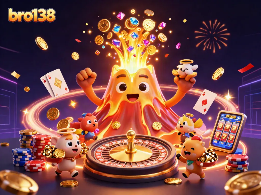 Win big at bro138's thrilling online casino games with a golden volcano erupting treasures.