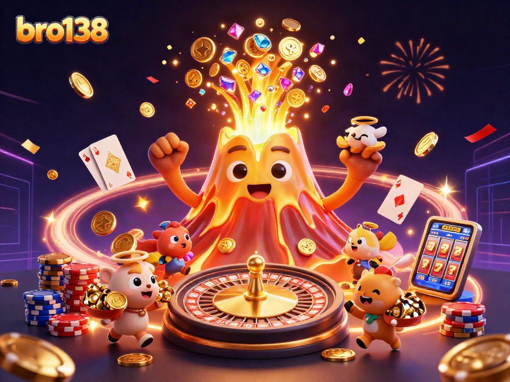 Win big at bro138's thrilling online casino games with a golden volcano erupting treasures.