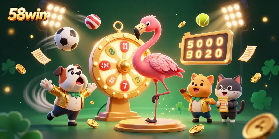 Experience the excitement of 58win with a dynamic game show scene featuring a prize wheel and sports elements.