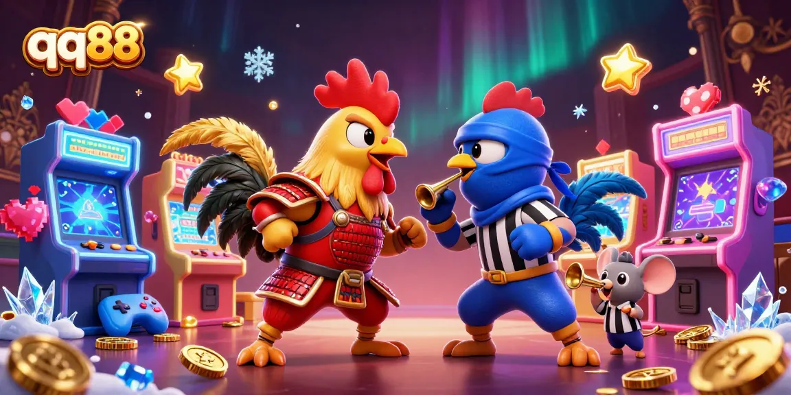 Bet big with qq88 as fighting roosters symbolize thrilling action in a dynamic gambling scene.