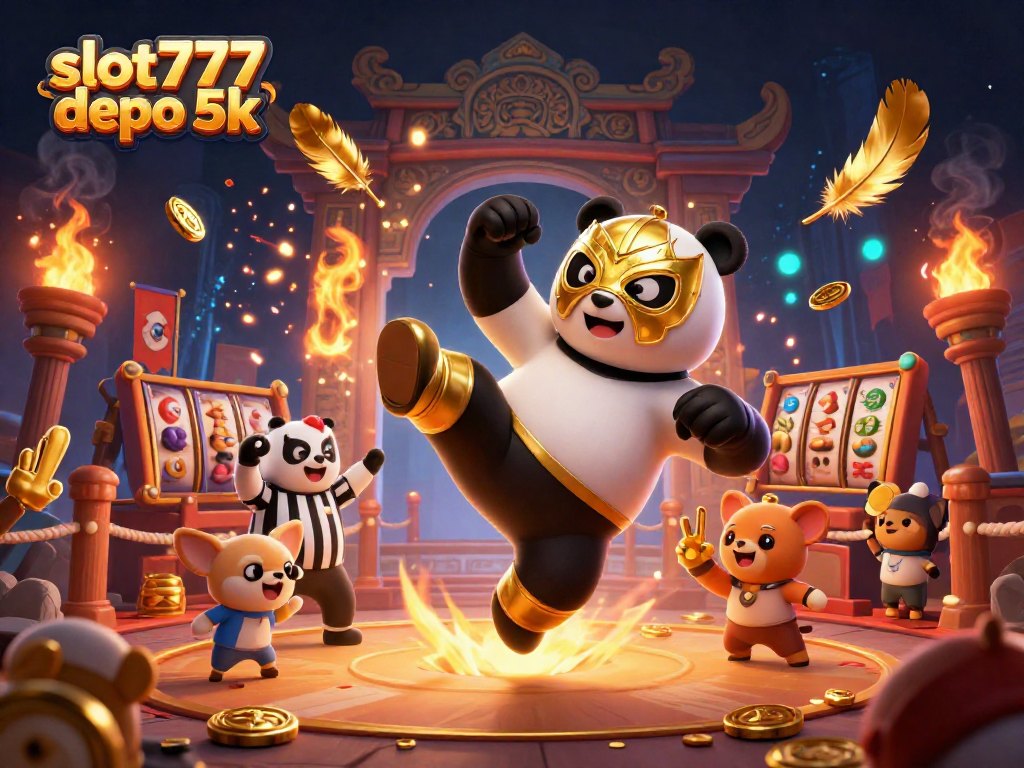 Engage in excitement with slot777 depo 5k as a panda wrestler kicks off a thrilling casino atmosphere.