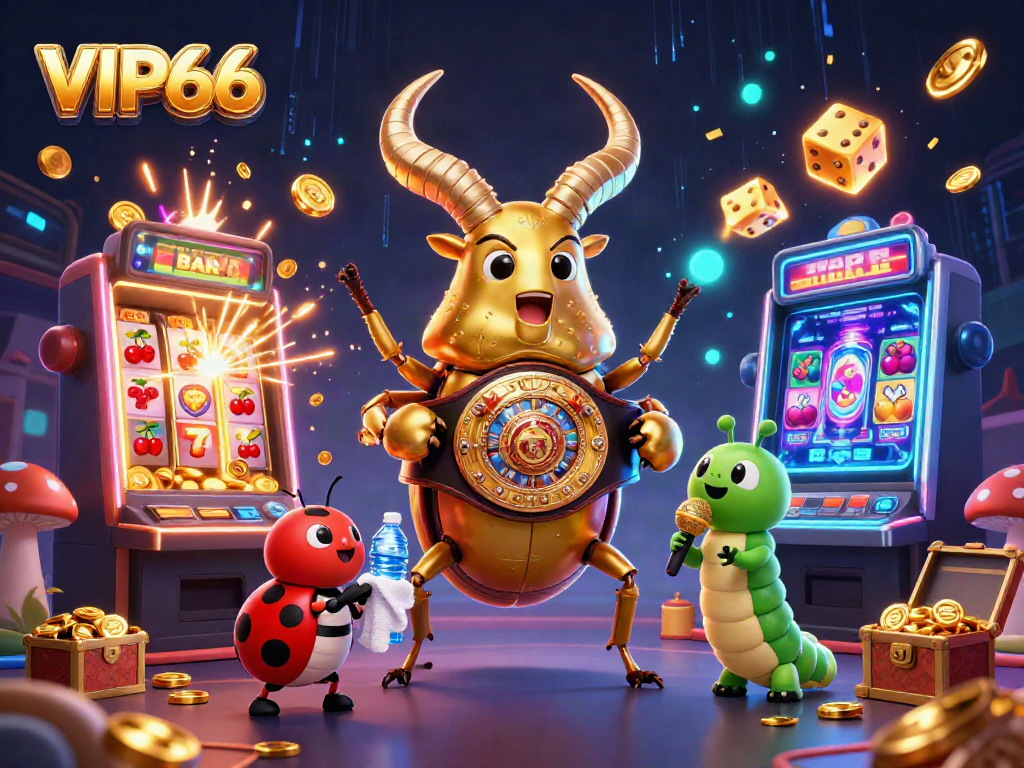 Engage in thrilling VIP66 casino action with golden stag beetle, ladybug corner-man, and vibrant jackpots.