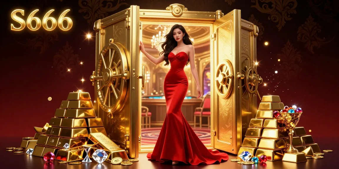 S666 casino scene featuring a beautiful woman in red gown at a VIP doorway with golden treasures.