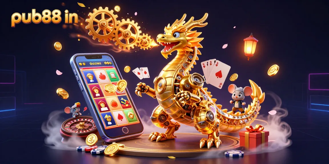 Unfold your luck at pub88 in with colorful slot games and a golden mechanical dragon for an immersive gaming experience.
