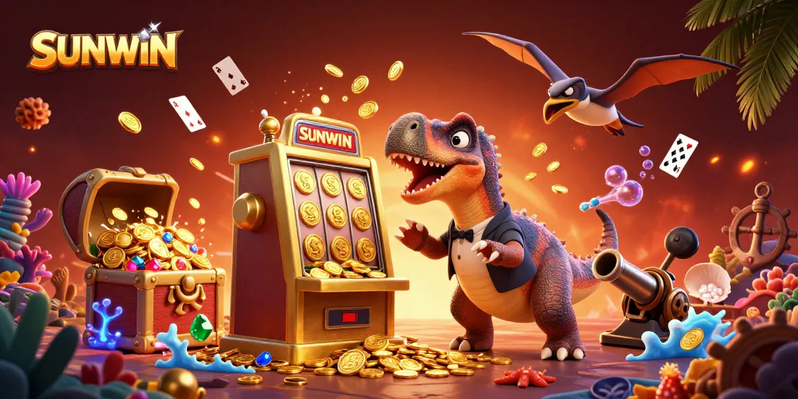 SUNWIN showcases excitement with a pachycephalosaurus winning coins from a slot machine in a vibrant casino scene.