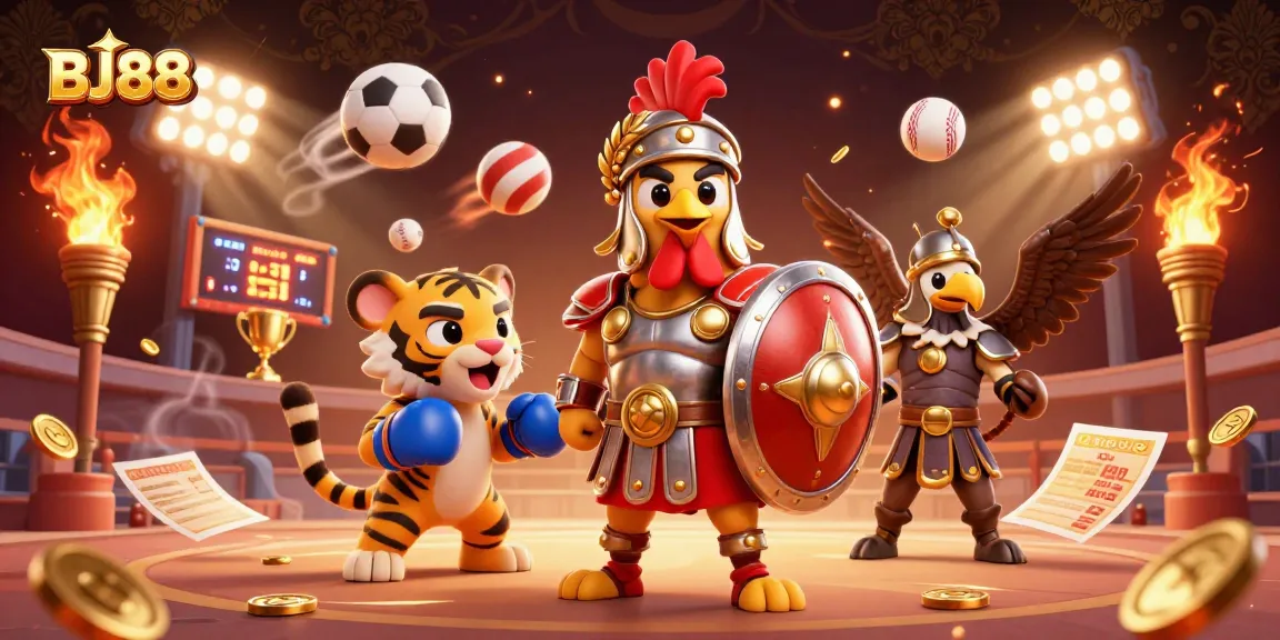 Bet on excitement with BJ88, a thrilling gaming scene featuring a gladiator rooster and dynamic sports elements.